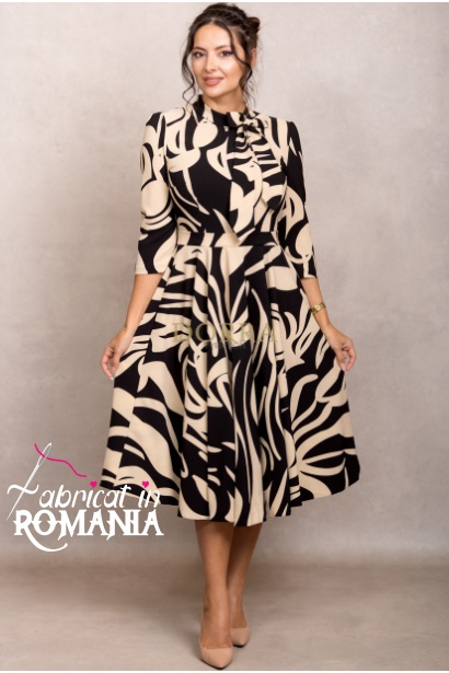 Rochie office Shila crem cu maneci 3/4 si funda decorativa